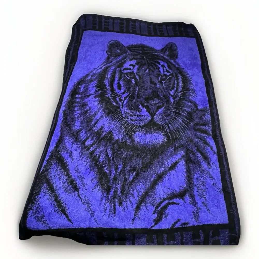 Vintage San Marcos Blanket Tiger Original Purple Reversible Plush Heavy 54x86
